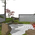 Traditional Karesansui Japanese Rock Garden with Raked Sand Stones Pine Trees and Green Foliage
