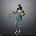 Woman In Blue Overalls Using VR Headset With Shopping Basket On Gray Background