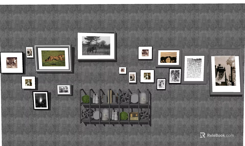 Various Sizes Hanging Paintings On Wall With Decorative Shelf And Artworks 3d model 
