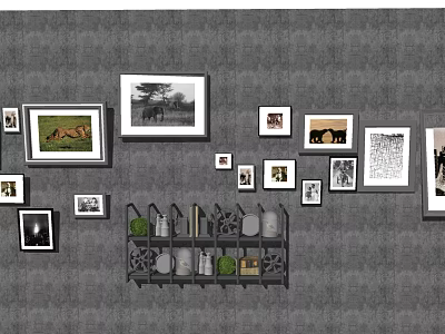 Various Sizes Hanging Paintings On Wall With Decorative Shelf And Artworks 3d model