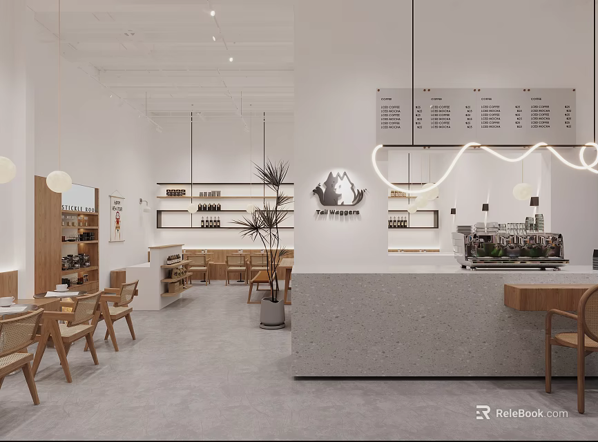 Modern Café Interior Design With Wooden Furniture Counter Green Plants And Hanging Lights 3d model 