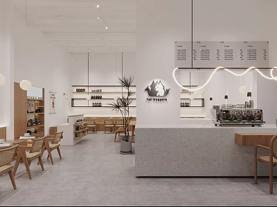 Modern Café Interior Design With Wooden Furniture Counter Green Plants And Hanging Lights 3d model
