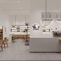 Modern Café Interior Design With Wooden Furniture Counter Green Plants And Hanging Lights