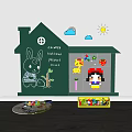 Green House Shaped Kids Playroom Background Wall With Chalk Art Rabbit Tree And Building Blocks