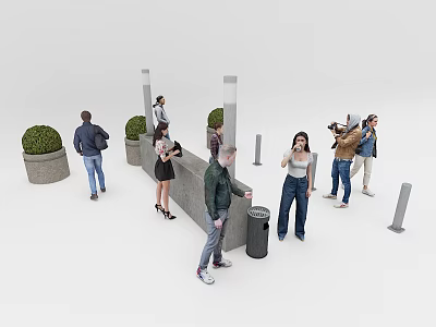 People Standing Talking Taking Photos In Outdoor Space With Green Bushes Pillars And Trash Bin 3d model