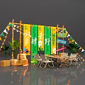 Summer Camping Theme Tea Break Area with Table Chairs Green Plants Bunting Flags String Lights 3d model