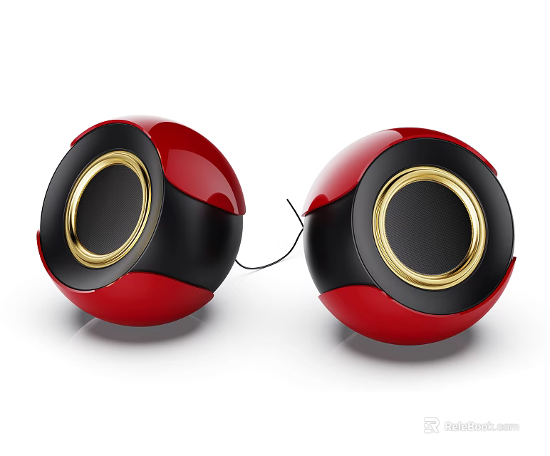 Red and Black Spherical Audio Speakers with Golden Rings for Desktop Use 3d model 