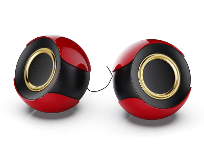 Red and Black Spherical Audio Speakers with Golden Rings for Desktop Use 3d model