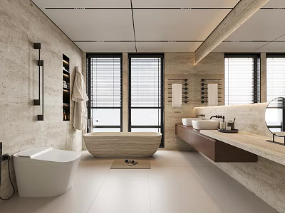 Modern Bathroom Interior With Stone Walls Freestanding Bathtub Double Sinks And Window Blinds 3d model