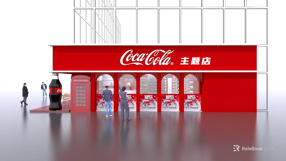 Coca-Cola Theme Store Front With Red Design And Customer Presence 3d model 