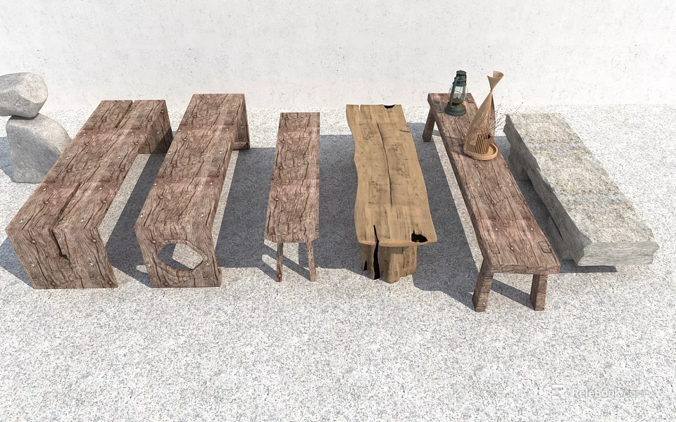 Various Designed Wooden Stools With Different Shapes Sizes And Small Table With Bottle Decorations 3d model 