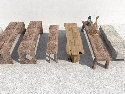 Various Designed Wooden Stools With Different Shapes Sizes And Small Table With Bottle Decorations 3d model