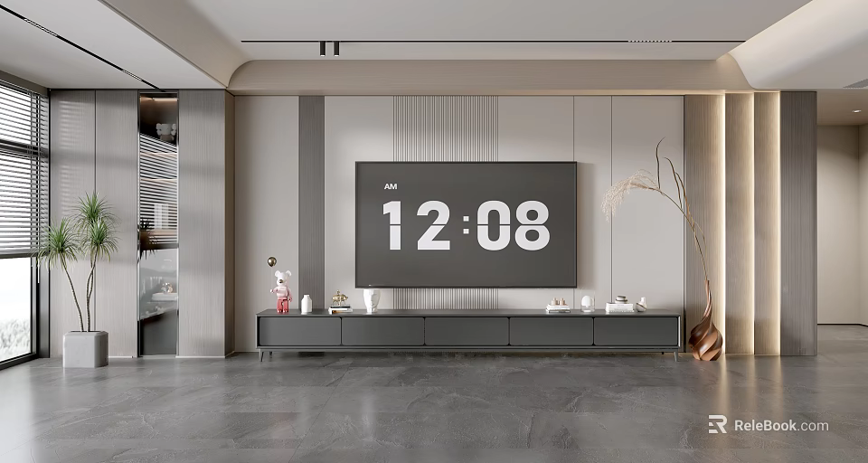 Modern TV Background Wall Design With TV Stand Decorative Plants And Minimalist Style 3d model 
