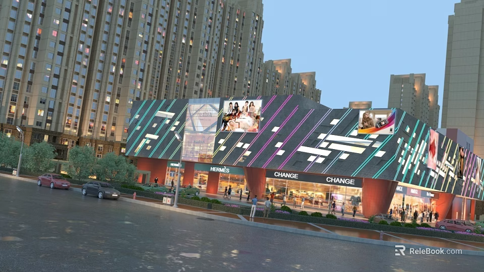 Aerial Planning of Modern Urban Commercial District with High Rise Buildings Shops and Pedestrians 3d model 