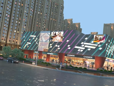 Aerial Planning of Modern Urban Commercial District with High Rise Buildings Shops and Pedestrians 3d model