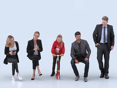 Group of People Including Child on Red Scooter Adults in Casual and Formal Wear 3d model