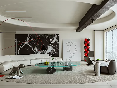 Modern Living Room Interior With White Sofa Glass Coffee Table And Red Balloon Decor 3d model