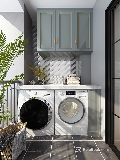 White Washing Machine in Laundry with Gray Cabinets Gold Handles Countertop Towels and Green Plants 3d model 