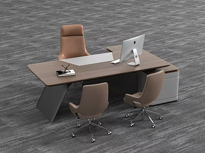 Modern Wooden Office Desk With Brown Chairs Laptop Tablet And Stationery 3d model