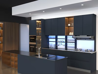 Modern Open Kitchen Interior With Stylish Dark Cabinets Island Countertop And Appliances 3d model