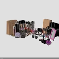 Assorted Perfume And Cosmetics Collection With Makeup Brushes Lipsticks Eyeshadows And Shopping Bags
