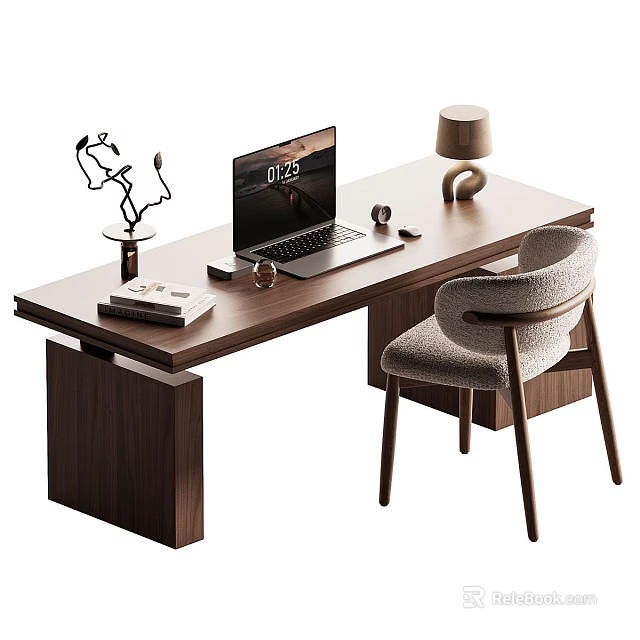 Wooden Home Office Desk With Laptop Table Lamp Books And Comfortable Chair 3d model 