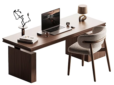 Wooden Home Office Desk With Laptop Table Lamp Books And Comfortable Chair 3d model