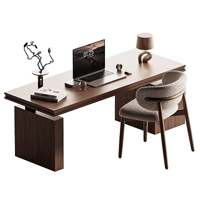 Wooden Home Office Desk With Laptop Table Lamp Books And Comfortable Chair 3d model