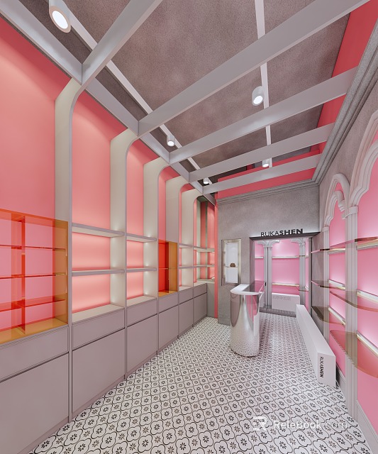 Pink And Gray Store Interior With Arched Walls Shelves Central Display Counter And Checkerboard Floor 3d model 