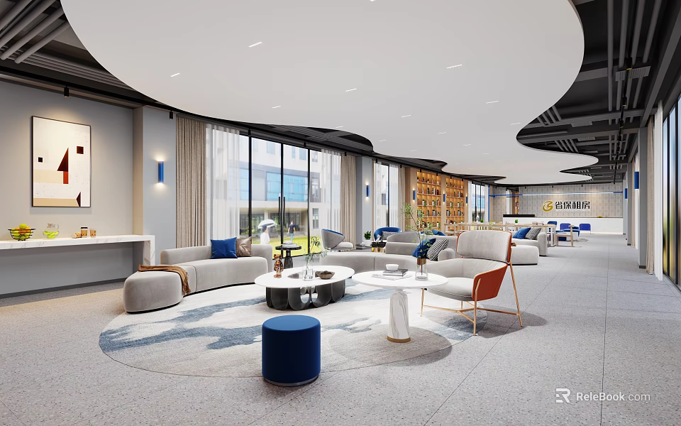 Modern Sales Office Interior Design With Comfortable Sofas Round Coffee Tables And Large Windows 3d model 
