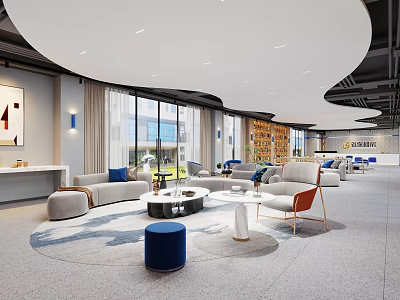 Modern Sales Office Interior Design With Comfortable Sofas Round Coffee Tables And Large Windows 3d model