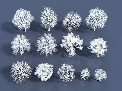White Arbor Trees With Various Shapes And Sizes On Dark Background 3d model