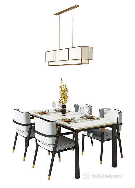 Dining Table Set With White Tabletop Gray Chairs Hanging Lamp Yellow Vase And Tableware 3d model