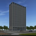 Modern High Rise Office Building With Glass Facade Surrounded By Trees Road And Parked Vehicles
