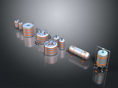 Industrial Metallic Storage Tanks With Various Sizes Pipes And Reflective Surfaces 3d model