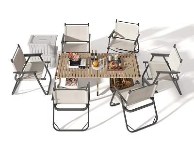 Outdoor Folding Table and Six Chair Set with Wooden Tabletop and Metal Frame 3d model