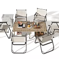 Outdoor Folding Table and Six Chair Set with Wooden Tabletop and Metal Frame