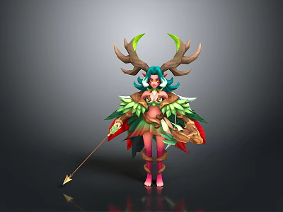 Mythical Antlered Game Movie Character With Teal Hair Green Red Wings And Spear 3d model