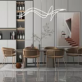 Modern Dining Table Set With Chairs Wine Rack Cabinet Pendant Light And Artwork 3d model