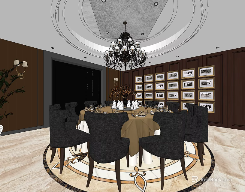 Elegant Private Dining Room With Round Table Black Chairs Chandelier And Framed 3d model 