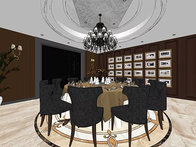 Elegant Private Dining Room With Round Table Black Chairs Chandelier And Framed 3d model