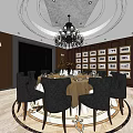 Elegant Private Dining Room With Round Table Black Chairs Chandelier And Framed