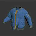 Stylish Blue Bomber Jacket with Orange Zipper Gray Cuffs and Left Arm Patch 3d model