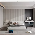 Modern Bedroom Interior Design With Striped Wall Bedside Table Dressing Table And Natural Light 3d model