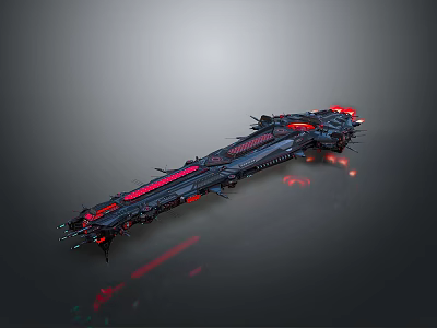 Futuristic Black Spaceship With Red Lights And Long Sharp Sci Fi Design 3d model