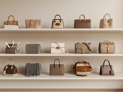Luxury Bags Display With Various Styles On Shelves 3d model