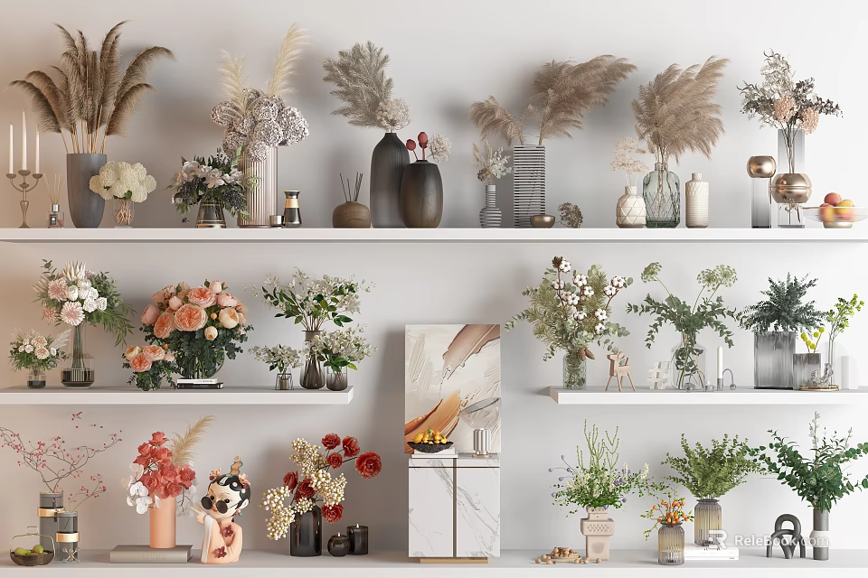 Elegant Flower Vases With Pink White Red Flowers On Shelves And Dried Pampas Grass 3d model 