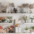 Elegant Flower Vases With Pink White Red Flowers On Shelves And Dried Pampas Grass