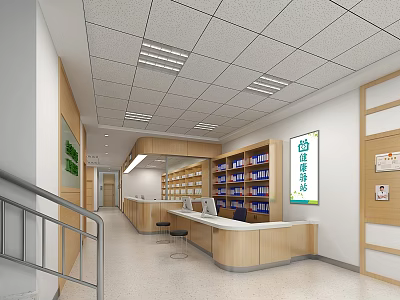 Modern Health Station Interior With Reception Desk Medicine Shelves And Signage 3d model