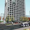 Modern Commercial Street With Tall Buildings Vehicles Pedestrians And Trees
